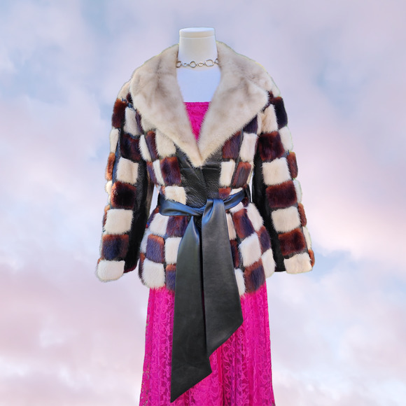 Rare Vtg Brown Cream Black Rabbit Mink Fur Checkered Belt Festive Winter Coat - Picture 1 of 9
